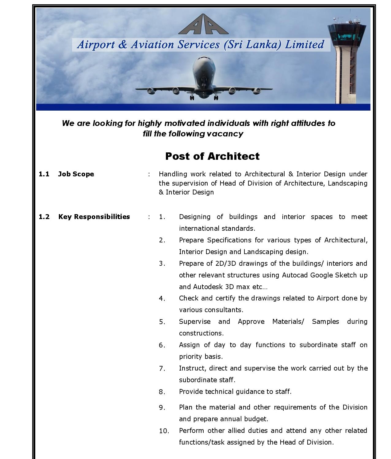 Architect - Airport & Aviation Services (Sri Lanka) Ltd